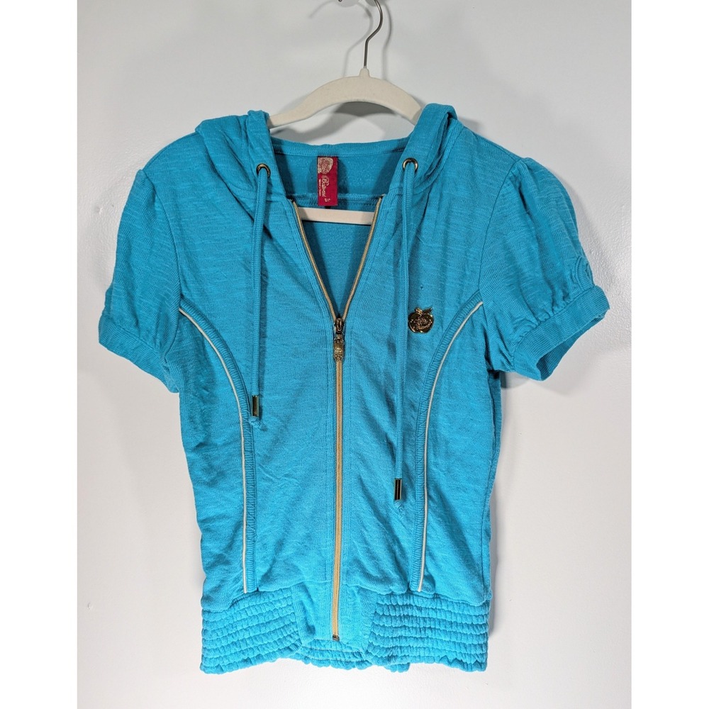 Apple Bottoms Turquoise Blue Short Sleeve Zip Hoodie Smocked Waist Y2K vintage S